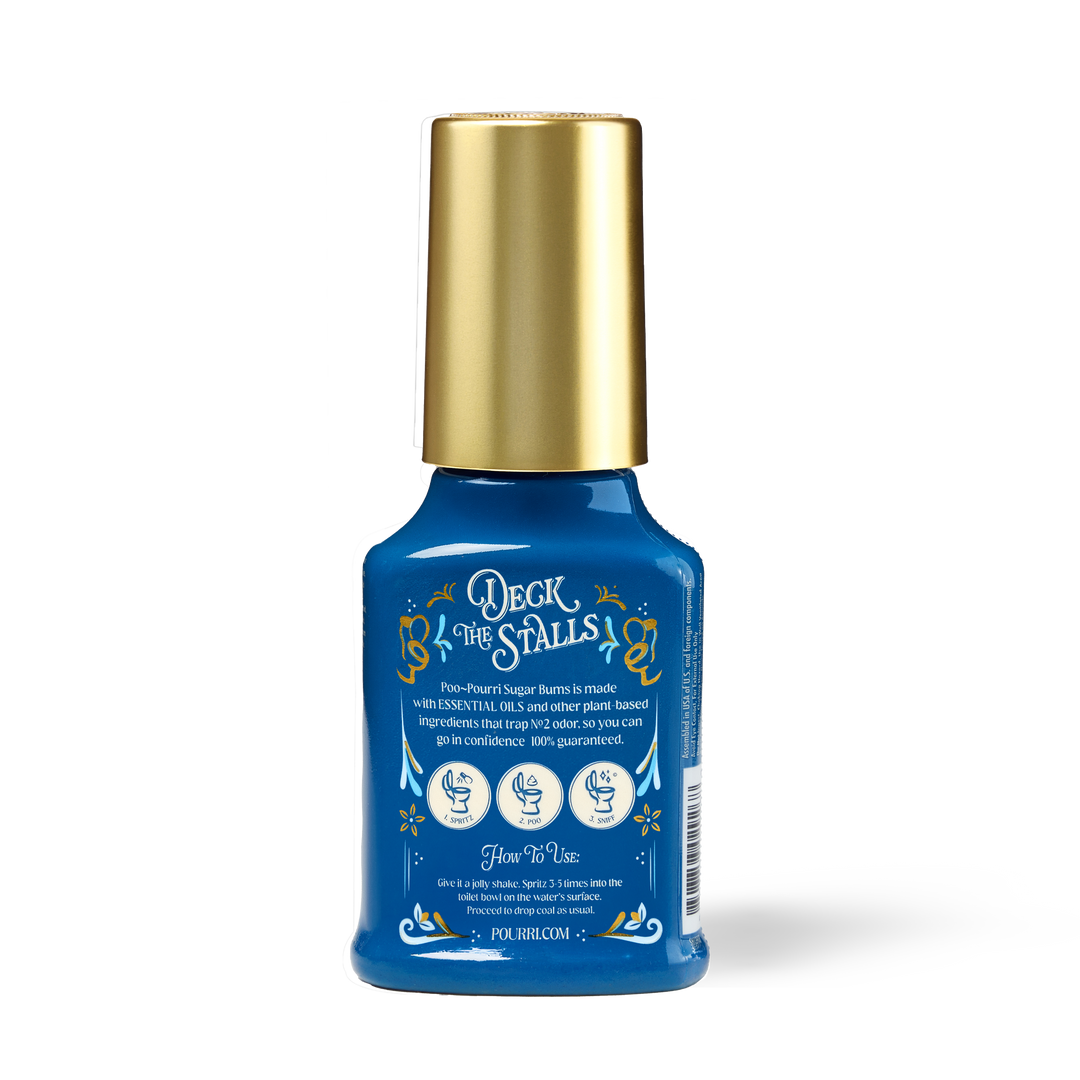 Blue 2oz Holiday Poo~Pourri Sugar Bums toilet spray with gold cap and white festive design, infused with vanilla sandalwood.