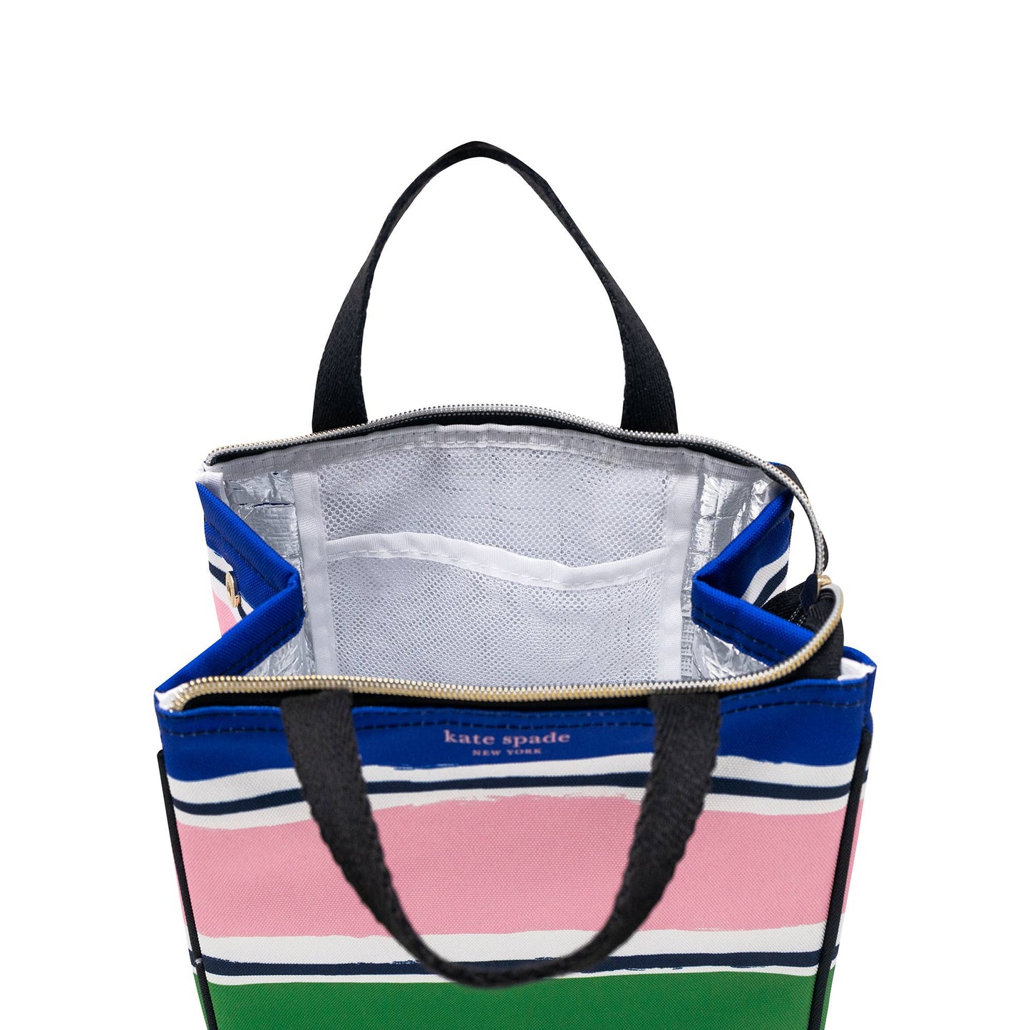 Kate Spade Lunch Bag, Ocean Stripe: black handles, zipper, interior pockets, blue/pink/white/green stripes. Sizes: one size.