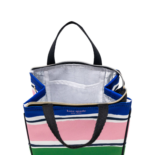 Kate Spade Lunch Bag, Ocean Stripe: black handles, zipper, interior pockets, blue/pink/white/green stripes. Sizes: one size.