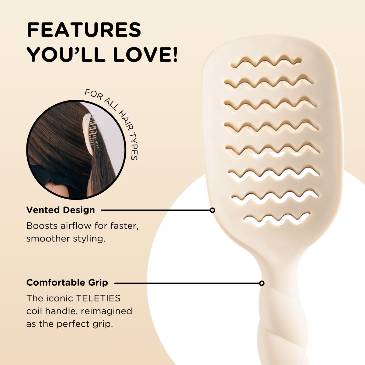 The Vented Hair Brush | Tan features wavy slots, a coiled handle, and a quick-heat aluminum plate for even heat distribution. Available in multiple sizes.