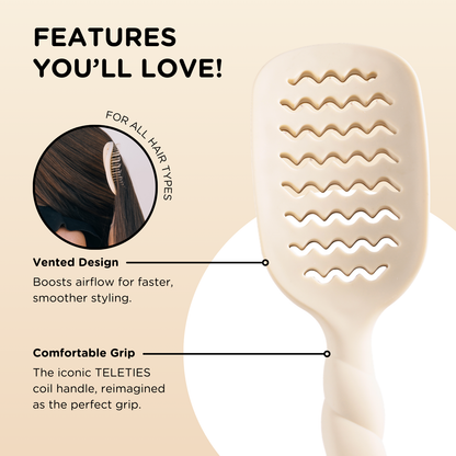 The Vented Hair Brush | Tan features wavy slots, a coiled handle, and a quick-heat aluminum plate for even heat distribution. Available in multiple sizes.