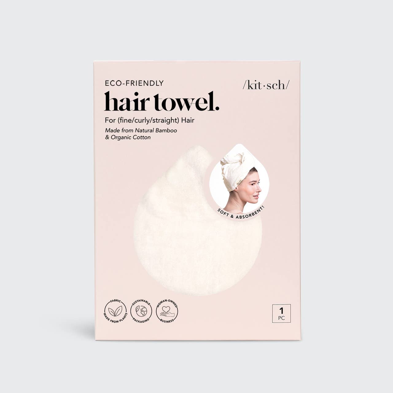The Quick Dry Hair Towel - Ivory, in a beige box, is made from bamboo and organic cotton; available in one size.