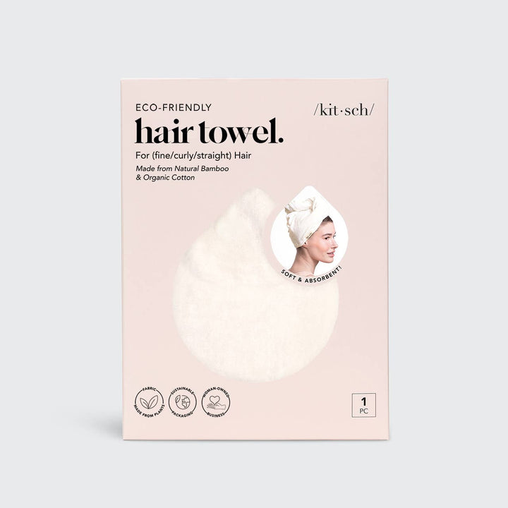 The Quick Dry Hair Towel - Ivory, in a beige box, is made from bamboo and organic cotton; available in one size.