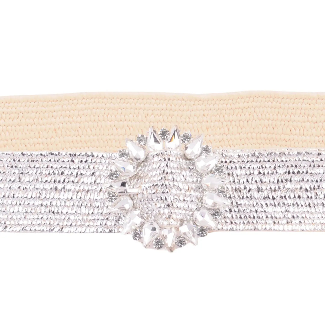 All-Silver Stretch Belt in beige with rhinestone circle buckle, available in sizes S, M, L.