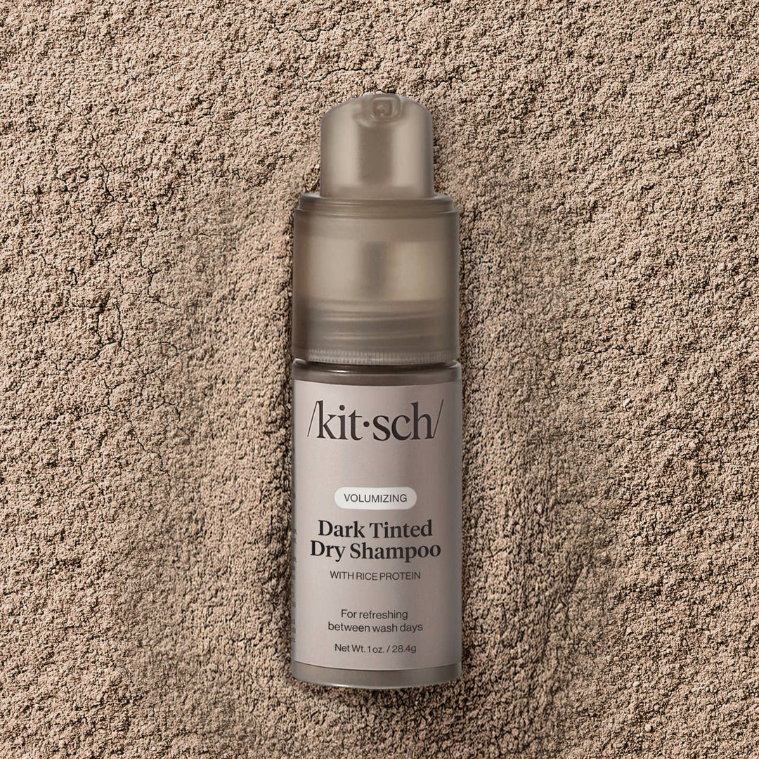 Volumizing Rice Protein Dry Shampoo - Dark Tinted, non-aerosol bottle, 1 oz size, brown-tinted powder formula.
