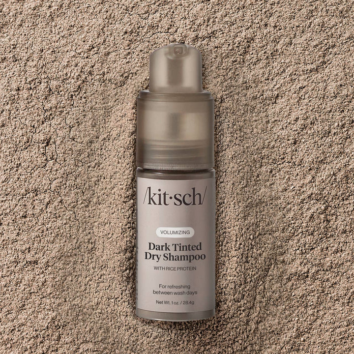 Volumizing Rice Protein Dry Shampoo - Dark Tinted, non-aerosol bottle, 1 oz size, brown-tinted powder formula.