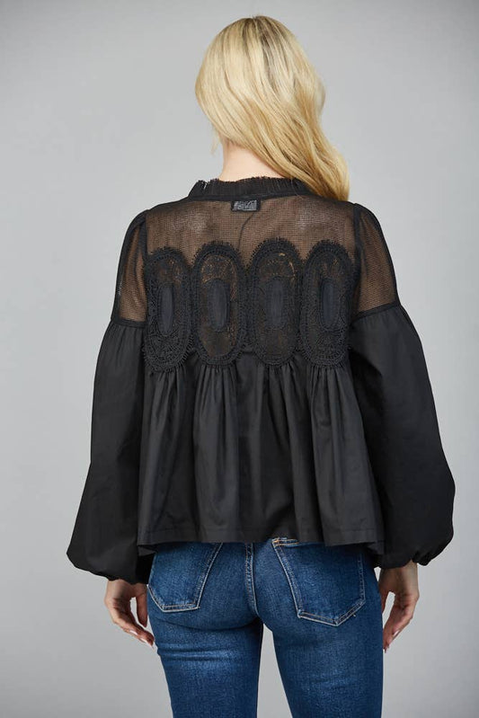 Lace Appliqué Detail Mixed Media Long Sleeve Blouse