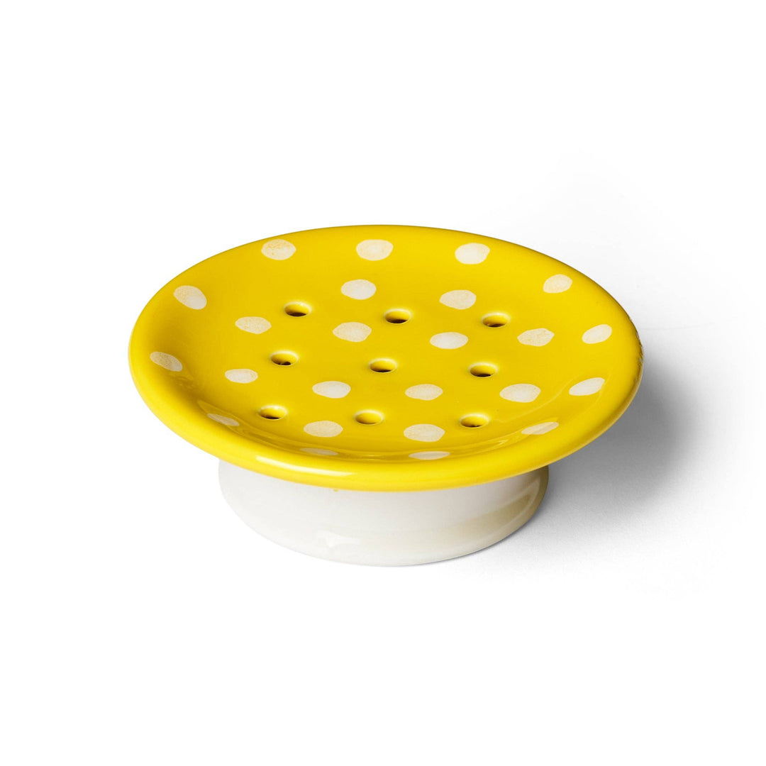 Yellow mushroom-shaped ceramic soap dish with white polka dots, drainage holes, and white base. Size options available.