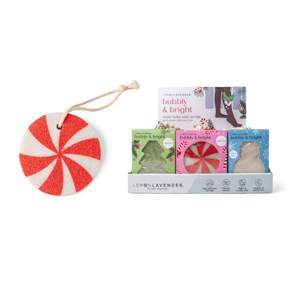 Round, red-and-white Lemon Lavender Bubbly and Bright Super Sudsy Soap Sponge with hanging string; available in multiple sizes.