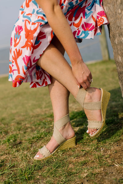 Carolina Linen Ruffle Wedge Sandals