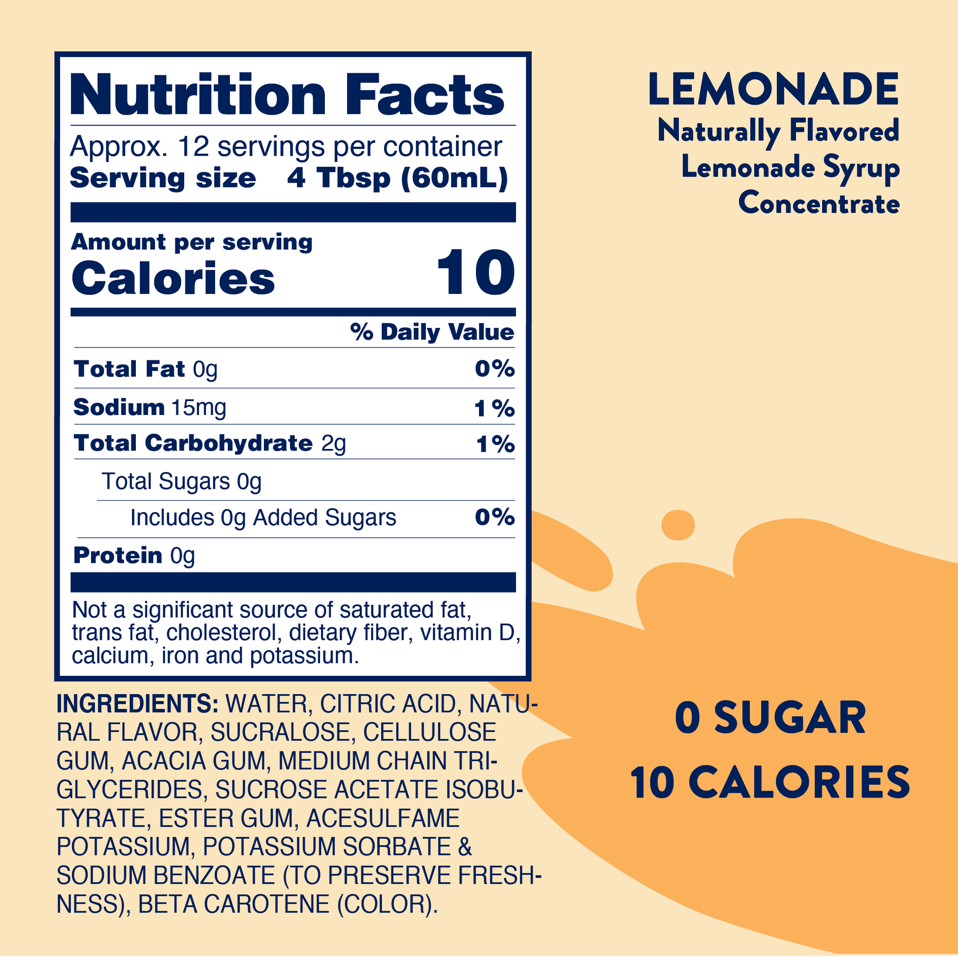 Sugar Free Lemonade Syrup Concentrate nutrition label: 0 sugar, 10 calories/serving, 12 servings/container. Size info not shown.