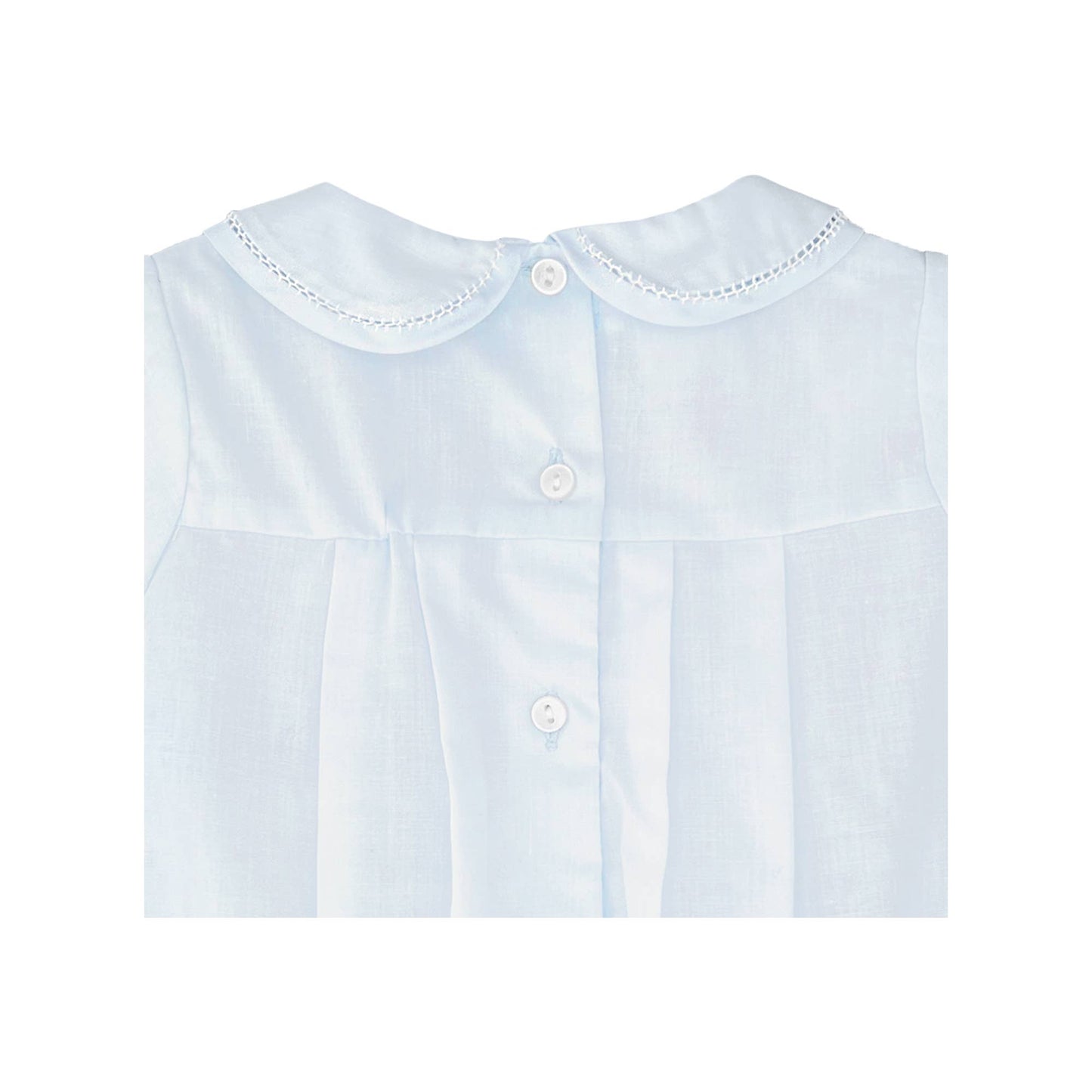 A light blue baby boy's romper with a rounded, white lace-trimmed collar and a buttoned front on a plain white background.