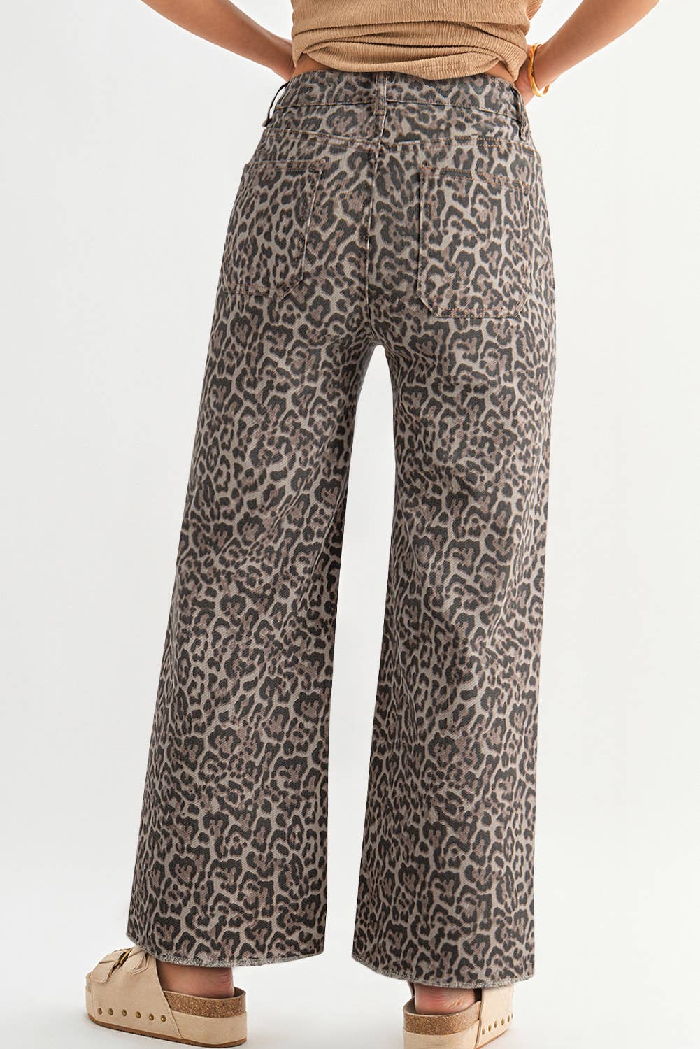 Missy Leopard HW Frayed Edge Wide Jeans with frayed hems and leopard print; available in sizes 24–32.