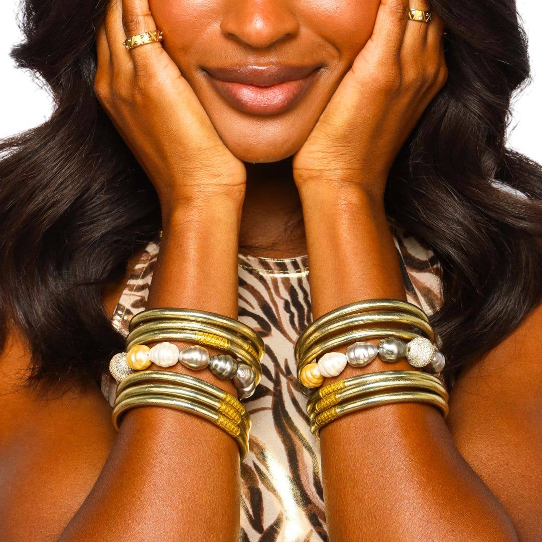 Etoile All Weather Bangles® Set of 6 by BuDhaGirl in soft gold with pearl and bead accents; available in S, M, L.
