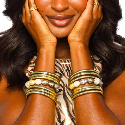 Etoile All Weather Bangles® Set of 6 by BuDhaGirl in soft gold with pearl and bead accents; available in S, M, L.