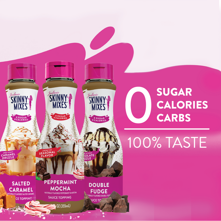 Sugar Free Holiday Delicious Drizzle Sauce Trio in salted caramel, peppermint mocha, and double fudge.