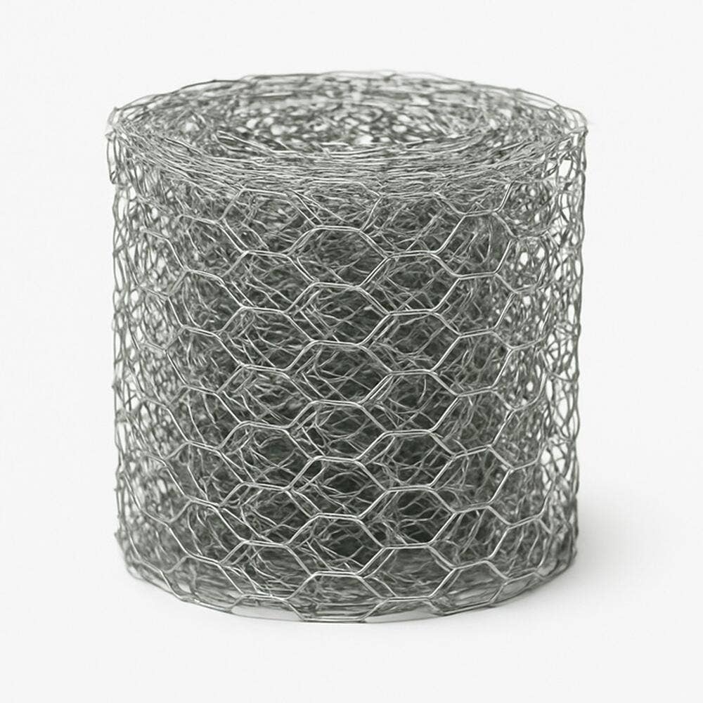 Rolled-up Chicken Wire Floral Craft Mesh Ribbon, 2-1/4″ wide, rustic rusted finish, hexagonal pattern.