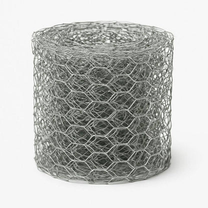 Rolled-up Chicken Wire Floral Craft Mesh Ribbon, 2-1/4″ wide, rustic rusted finish, hexagonal pattern.