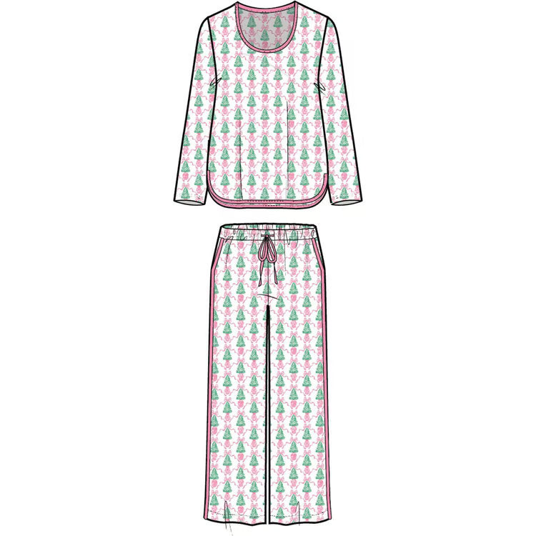 Melody Winter Pines Pink Pants Set: long-sleeved holiday pajamas with pine tree and ribbon pattern.