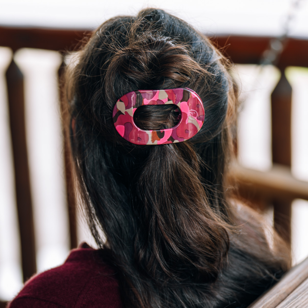Garden Glam Medium Flat Round Hair Clip in pink floral, medium size.