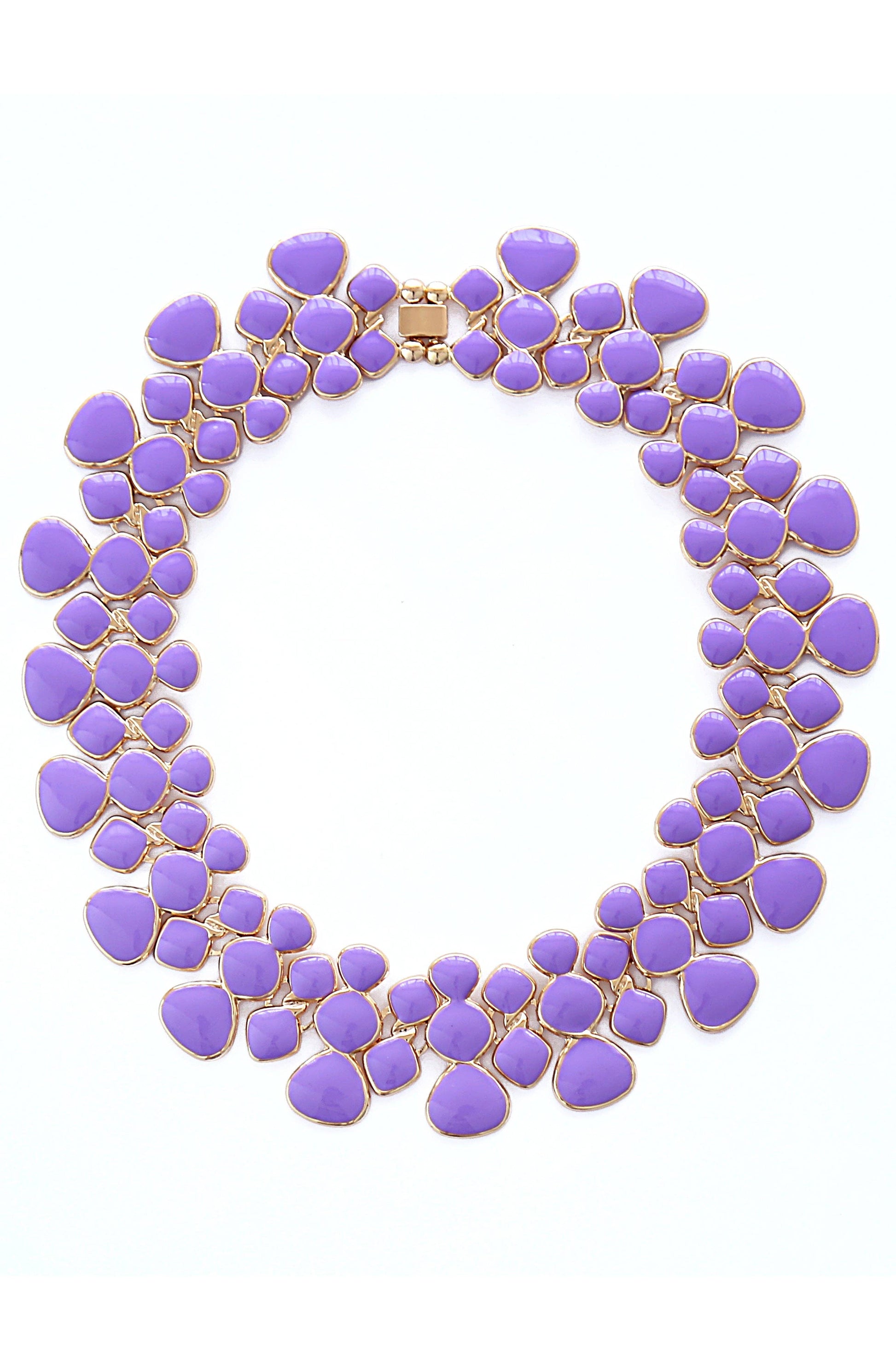 Adel Purple Collar Necklace with lavender stones, purple enamel, gold-toned metal; open circular design. Sizes: S, M, L.