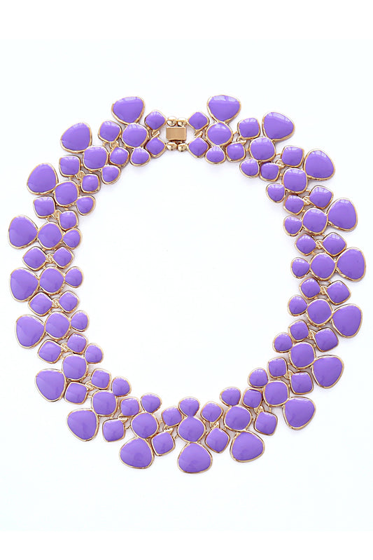 Adel Purple Collar Necklace with lavender stones, purple enamel, gold-toned metal; open circular design. Sizes: S, M, L.