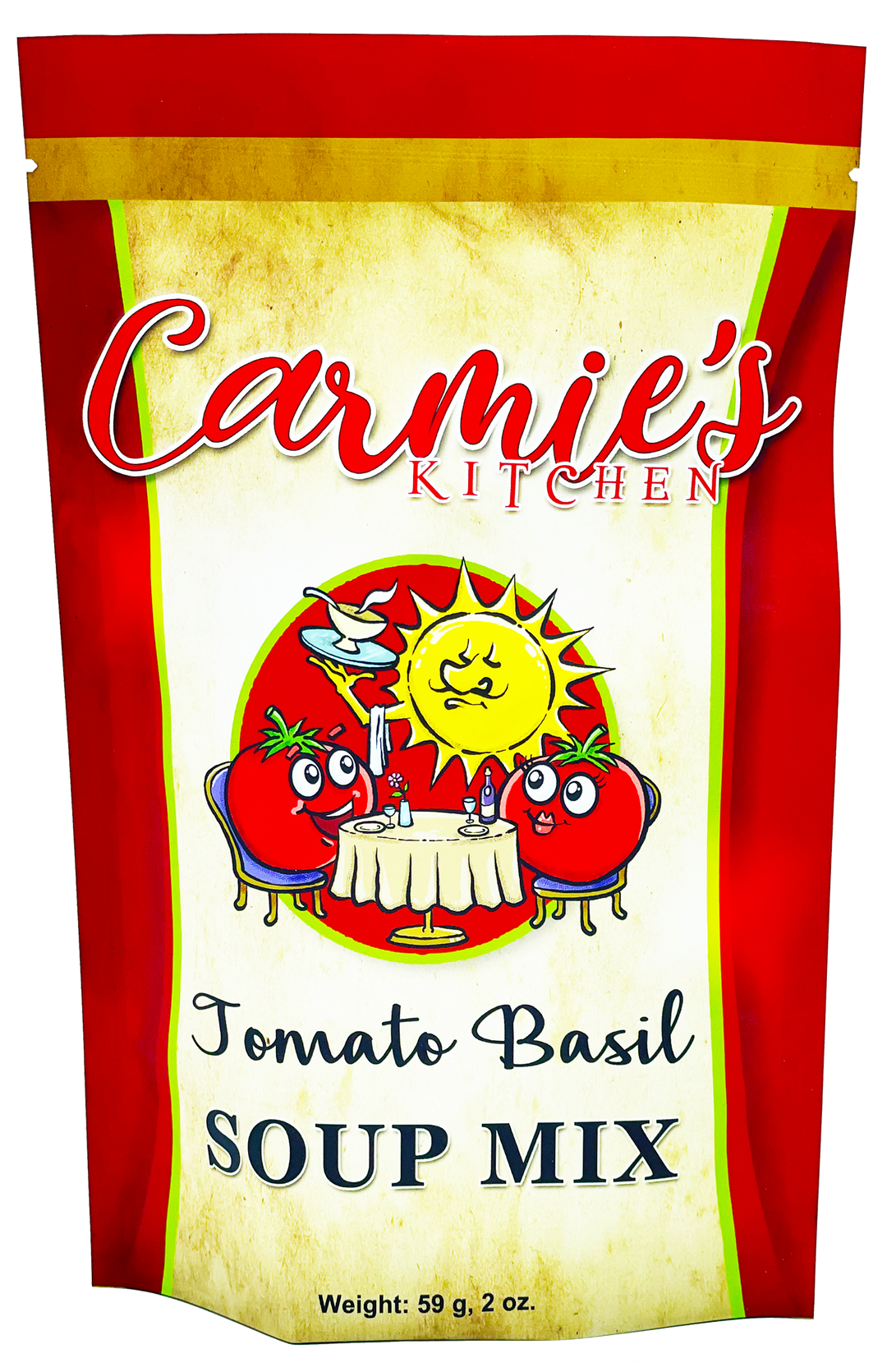 Tomato Basil Soup Mix, Carmie’s Kitchen, 59g (2oz), red and yellow package with cartoon tomatoes and smiling sun.
