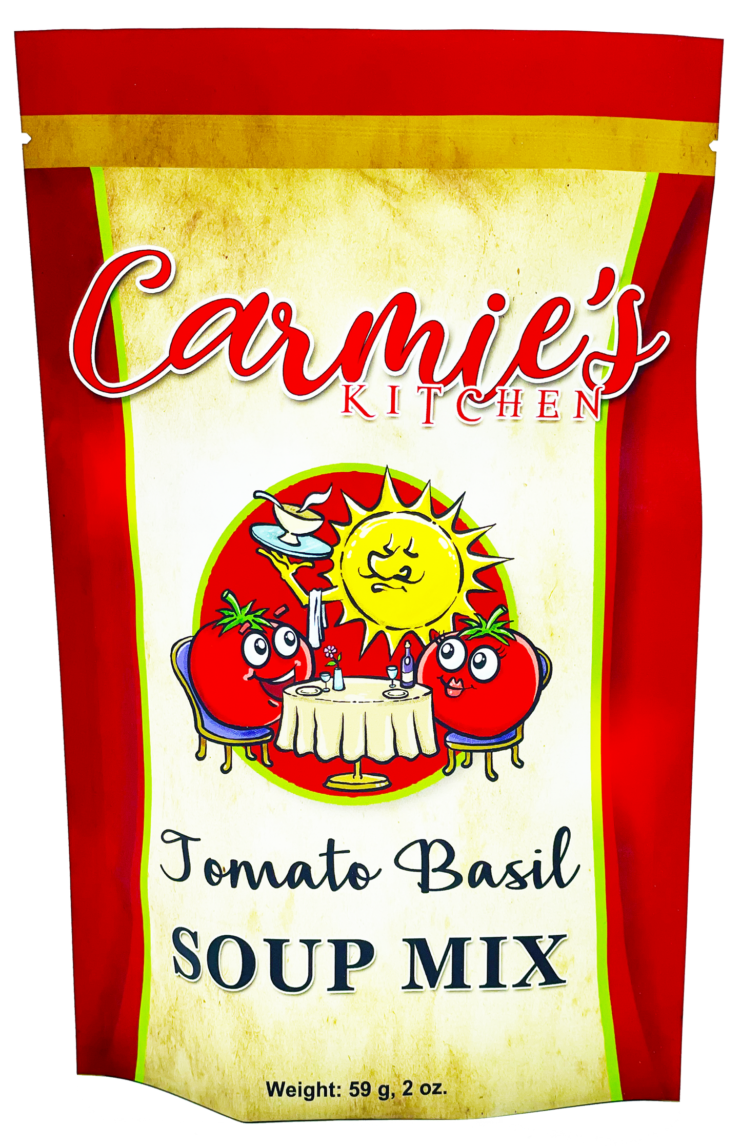 Tomato Basil Soup Mix, Carmie’s Kitchen, 59g (2oz), red and yellow package with cartoon tomatoes and smiling sun.