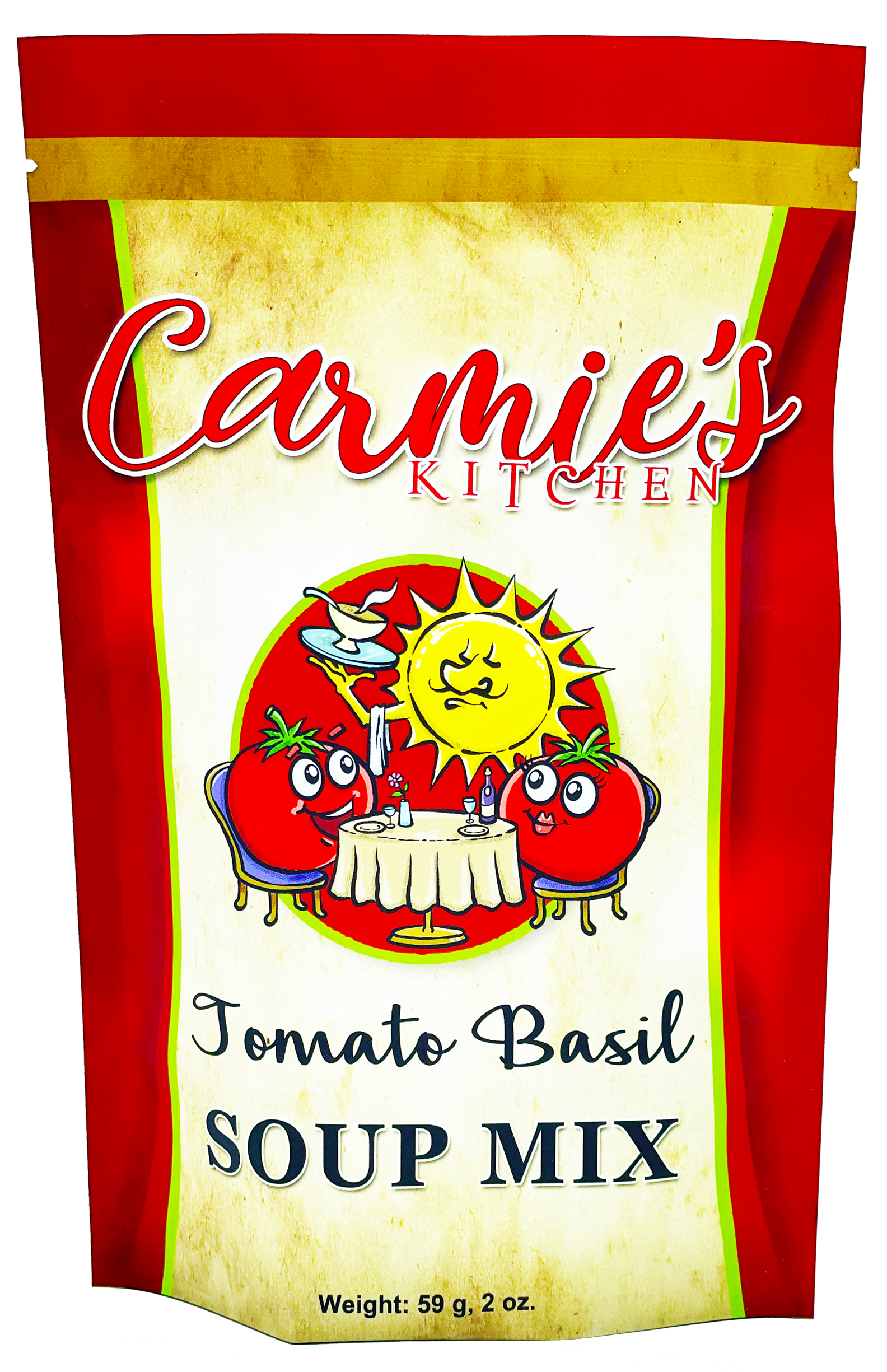 Tomato Basil Soup Mix, Carmie’s Kitchen, 59g (2oz), red and yellow package with cartoon tomatoes and smiling sun.