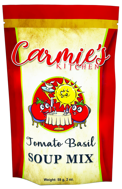 Tomato Basil Soup Mix, Carmie’s Kitchen, 59g (2oz), red and yellow package with cartoon tomatoes and smiling sun.