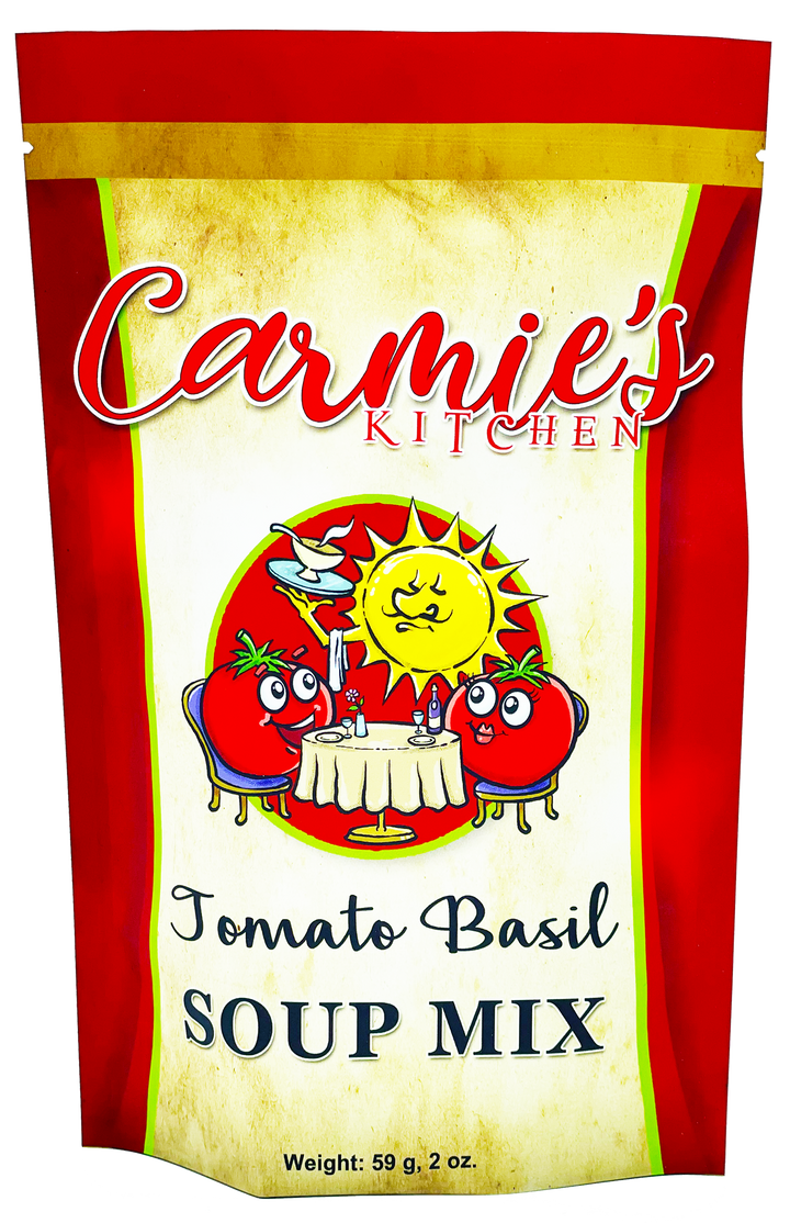Tomato Basil Soup Mix, Carmie’s Kitchen, 59g (2oz), red and yellow package with cartoon tomatoes and smiling sun.