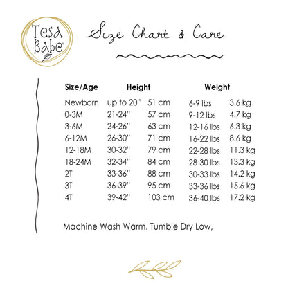 Size chart for Baby Girl's Cabbage Rose Cotton Romper shows age, height, weight; sizes: NB-24M. Machine wash; tumble dry.