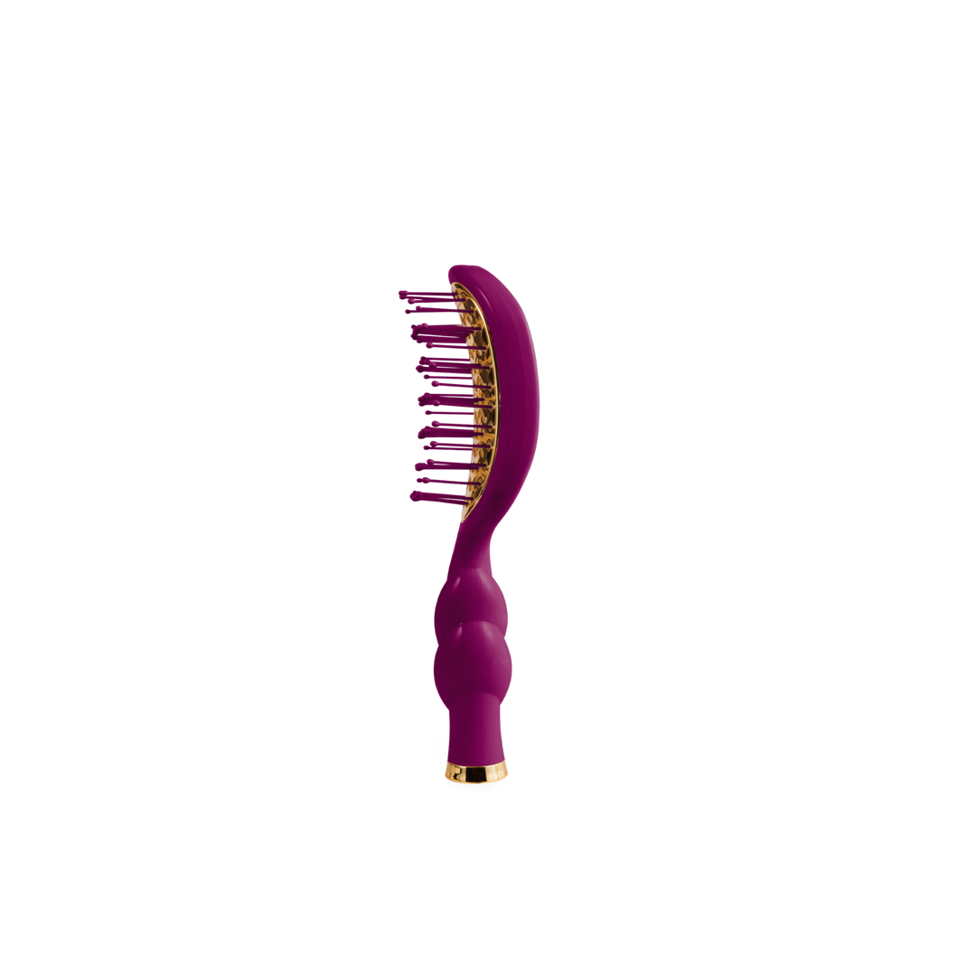 Mini Vented Hair Brush - Mulberry with gold accents, curvy handle, and rounded-tip bristles. Compact size; ideal for detangling and styling. Available in mini size.