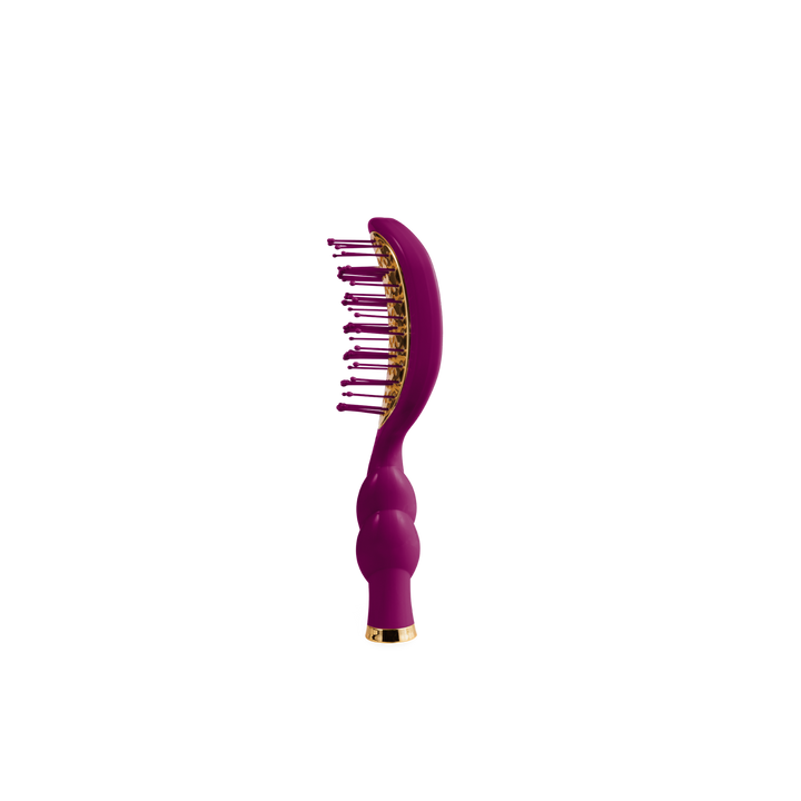 Mini Vented Hair Brush - Mulberry with gold accents, curvy handle, and rounded-tip bristles. Compact size; ideal for detangling and styling. Available in mini size.
