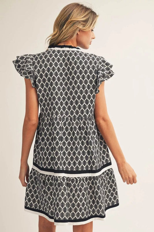 Black Ruffle Baroque Pattern Tiered Dress