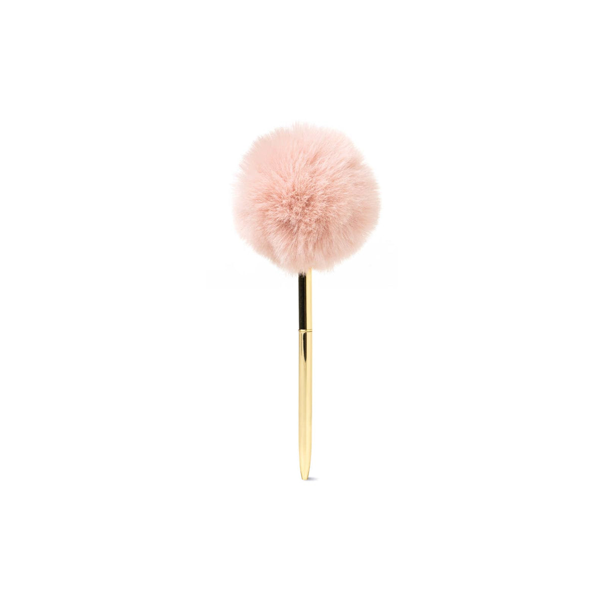 Goldtone barrel pen topped with a large, fluffy pink pom pom; offers smooth black ballpoint writing. Size: standard pen length.