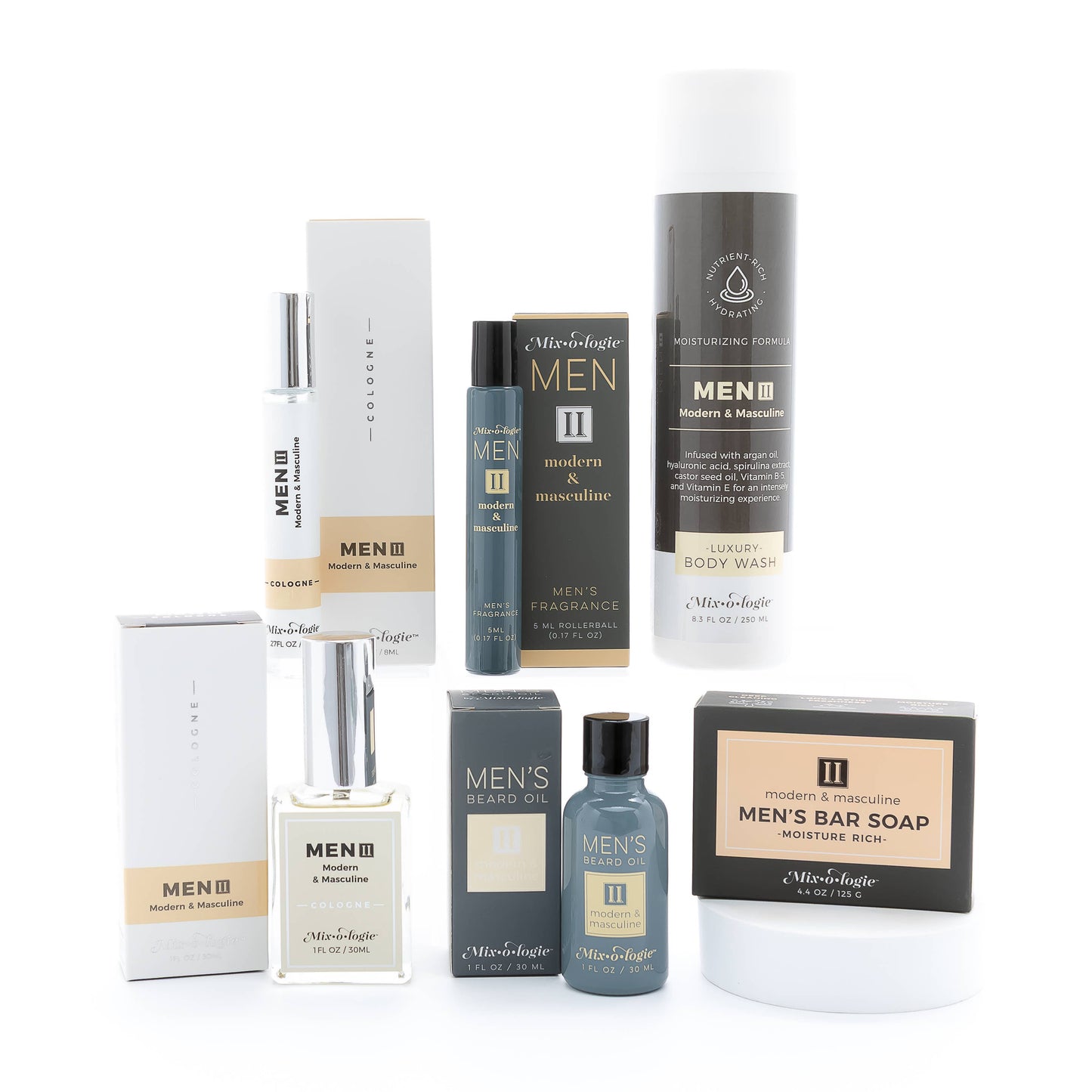 Mixologie Men II Cologne Oil Rollerball in black, white, and gold packaging; alcohol-free; long-lasting; available in 5ml.
