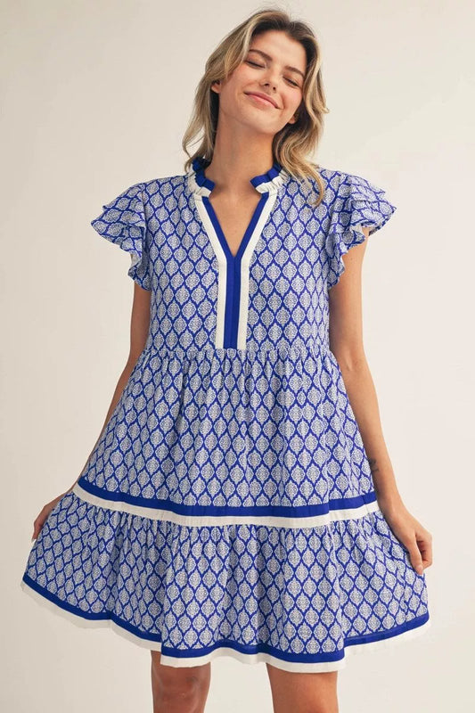 Royal Blue Baroque Pattern Tiered Dress