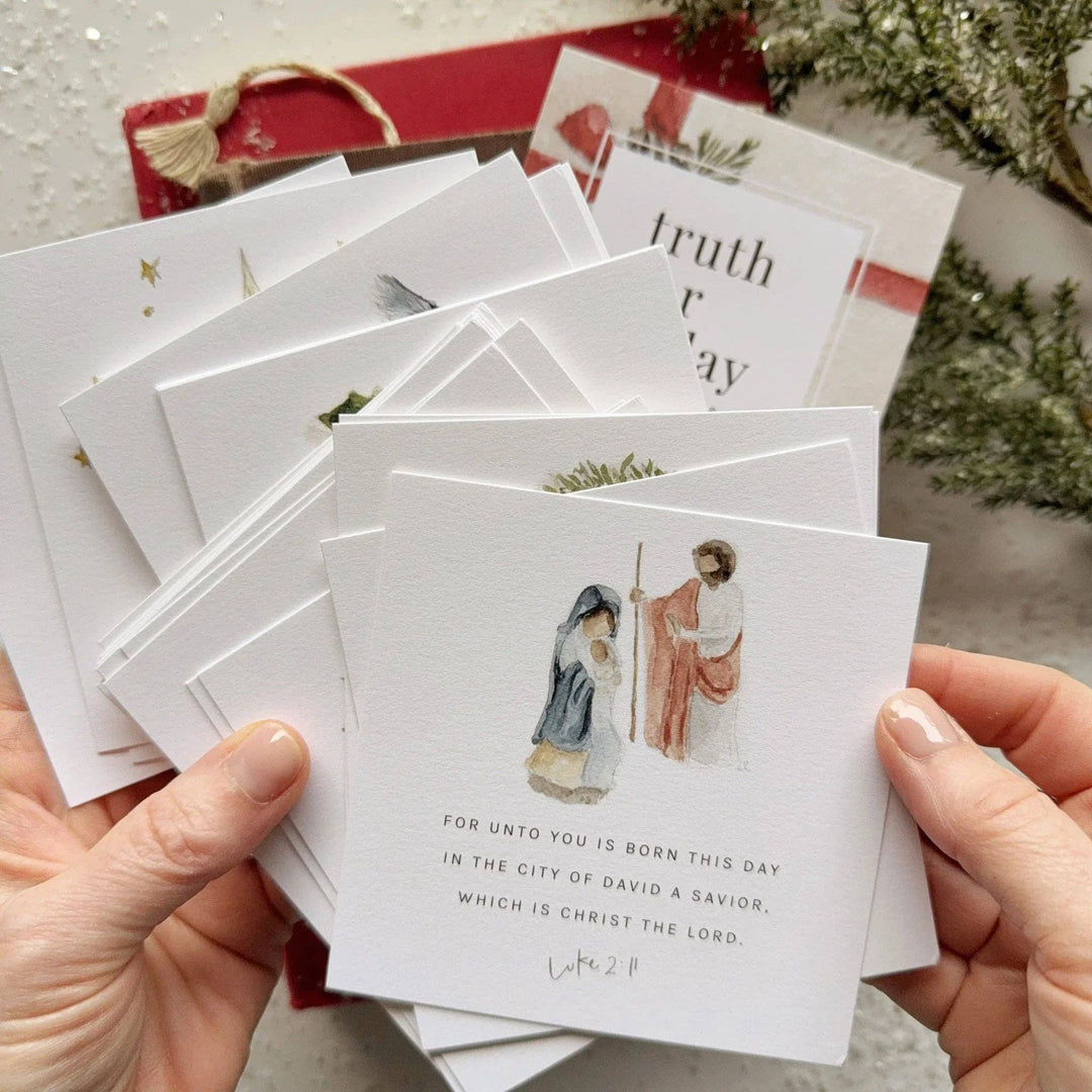 Christmas gift "Truth for Today" cards featuring a watercolor nativity with Luke 2:11. Available in multiple sizes.