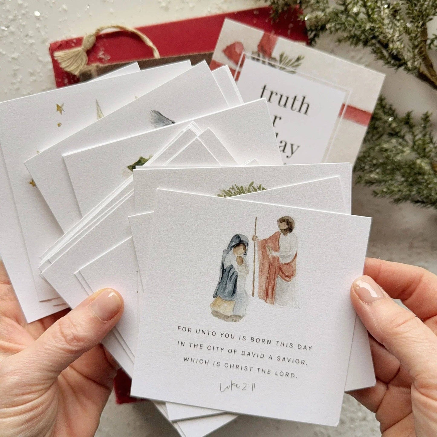 Christmas gift "Truth for Today" cards featuring a watercolor nativity with Luke 2:11. Available in multiple sizes.