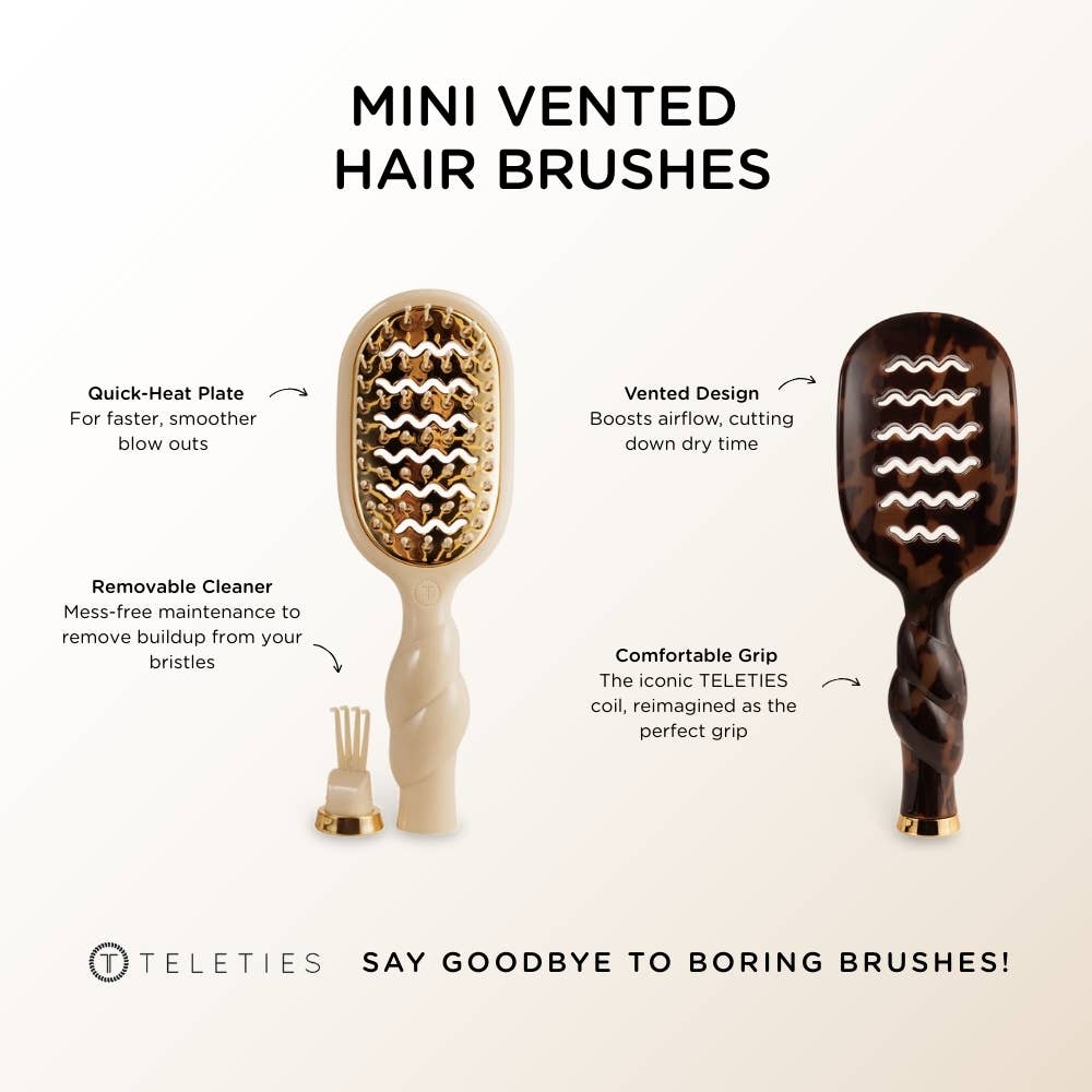 Mini Vented Brush in Tortoise, featuring a quick-heat plate, removable cleaner, vented design, and comfortable grip. Available in mini size.