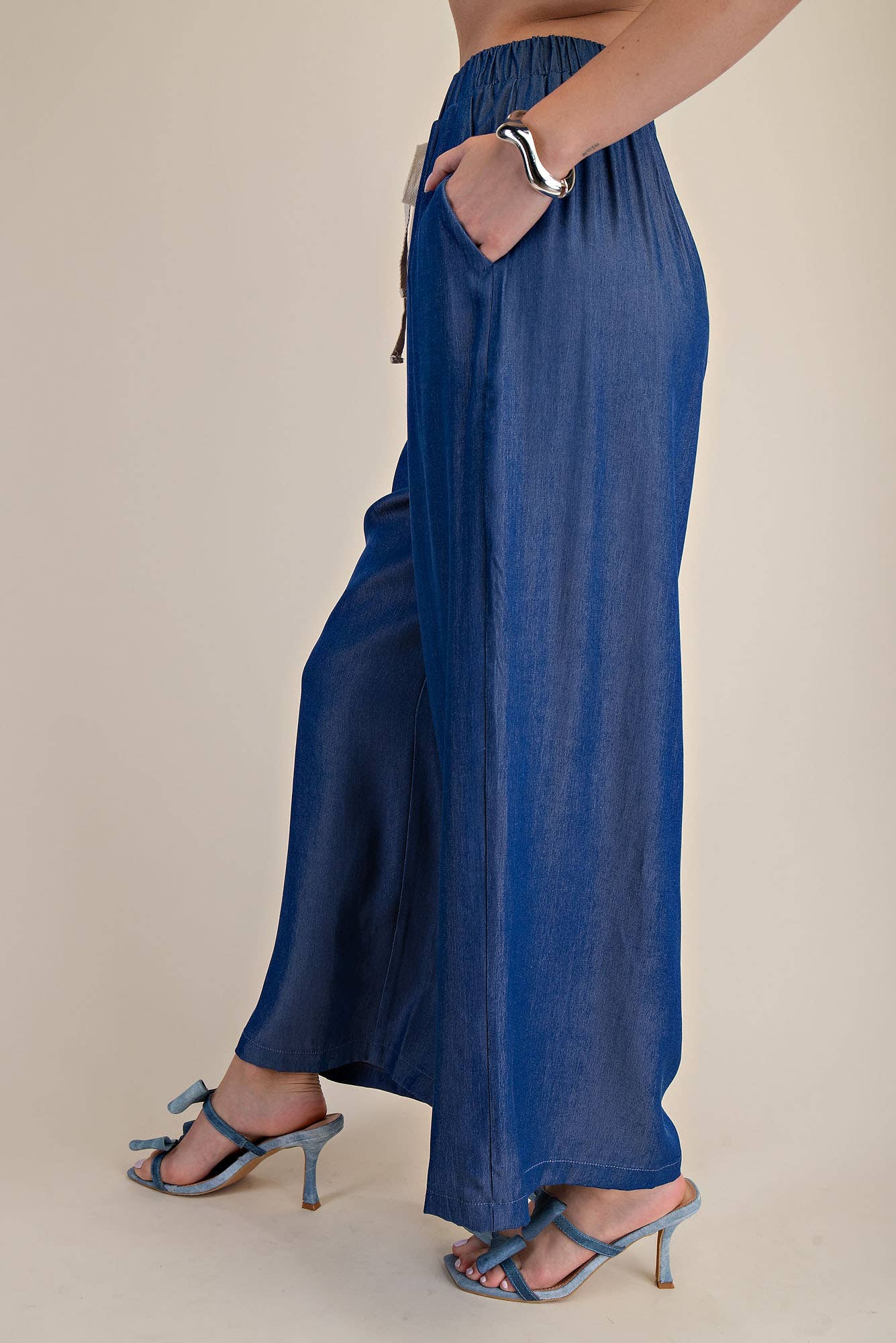 Indigo Elastic Band Drawstring Wide Pants; available in sizes S, M, L, XL.