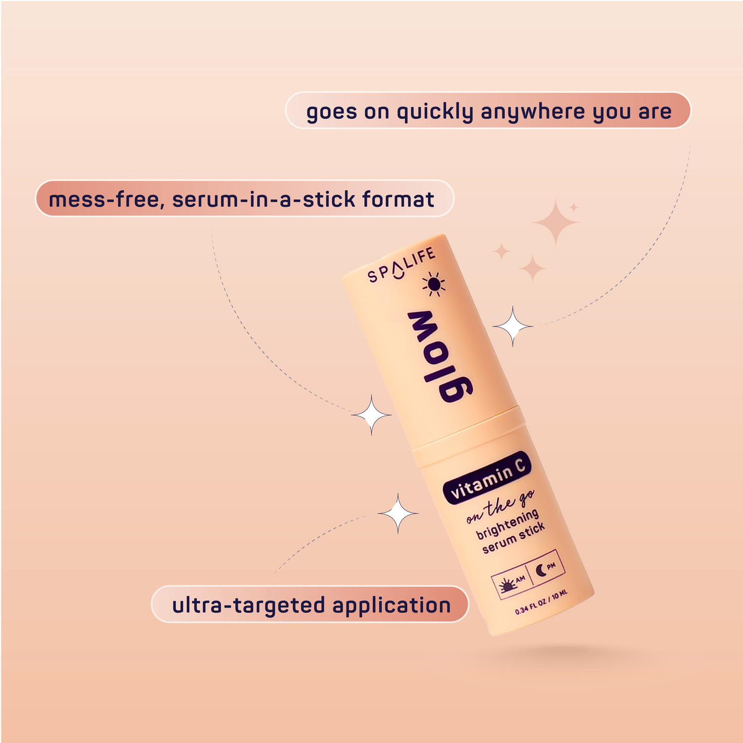 A Glow Vitamin C Brightening Face Serum Stick, shown upright, with text noting its quick, mess-free target application and portable design. Sparkles emphasize its dark spot treatment benefits. Sizes available.