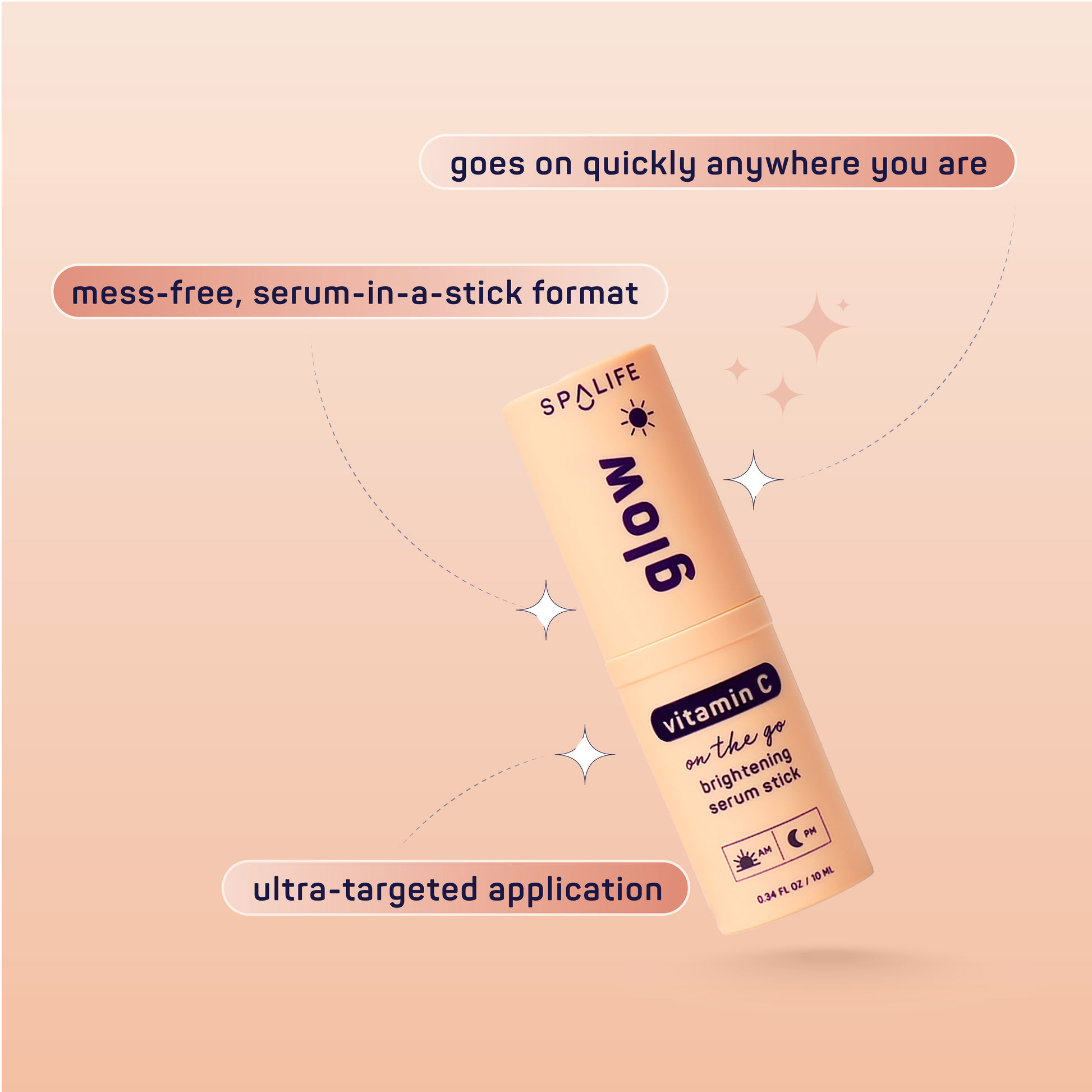 A Glow Vitamin C Brightening Face Serum Stick, shown upright, with text noting its quick, mess-free target application and portable design. Sparkles emphasize its dark spot treatment benefits. Sizes available.