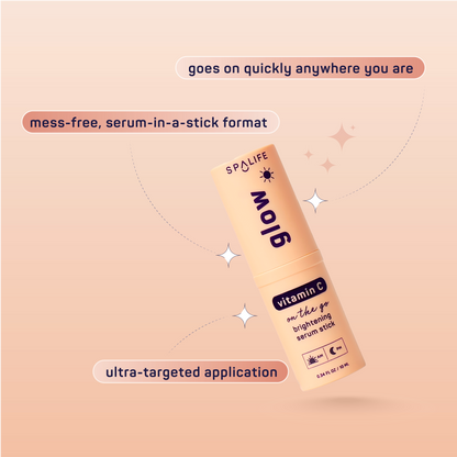 A Glow Vitamin C Brightening Face Serum Stick, shown upright, with text noting its quick, mess-free target application and portable design. Sparkles emphasize its dark spot treatment benefits. Sizes available.