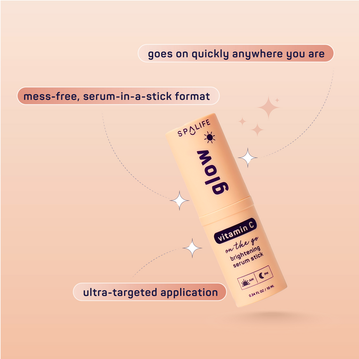 A Glow Vitamin C Brightening Face Serum Stick, shown upright, with text noting its quick, mess-free target application and portable design. Sparkles emphasize its dark spot treatment benefits. Sizes available.