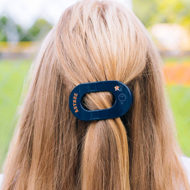 Flat Round Hair Clip | Houston Astros with team logo and text, available in small and large sizes.
