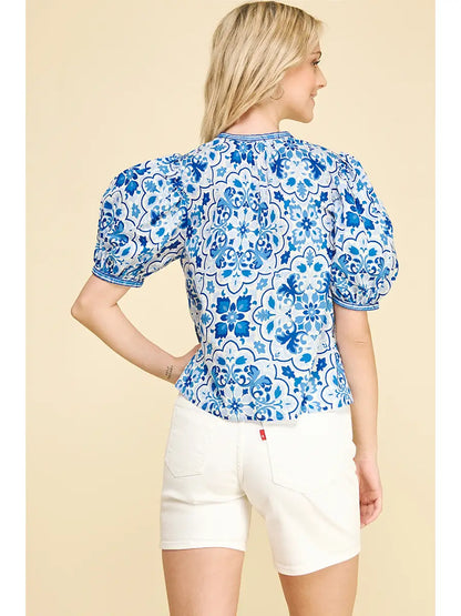 Damask V-Neck Balloon Sleeve Blouse