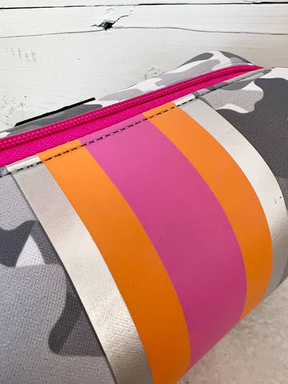 Olivia Small Neoprene Makeup Bag: gray/white camo, orange-pink stripes, hot pink zipper. Size: small.
