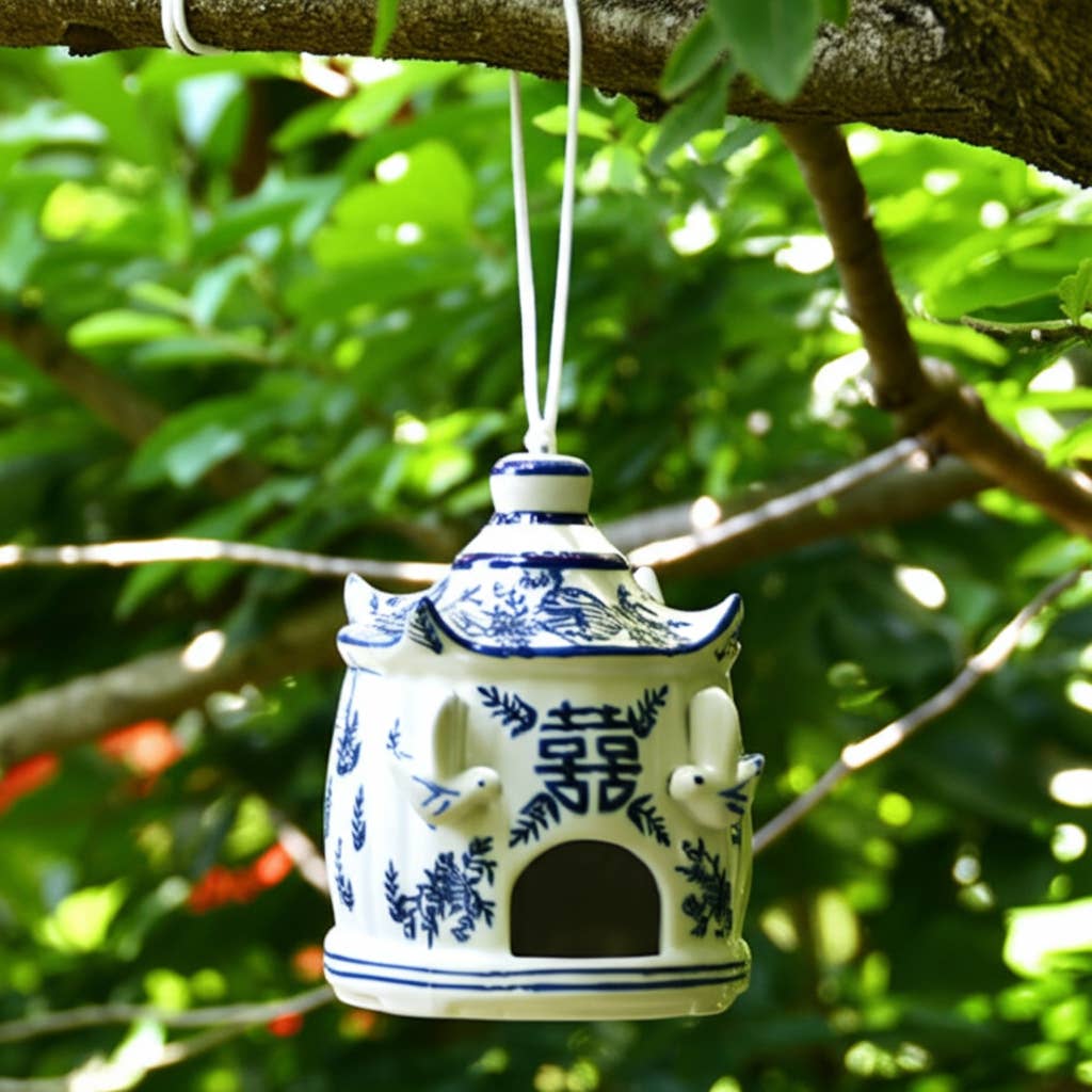 White/Blue Chinoiserie Large Pagoda Birdhouse, ornate design, 8 in. size.